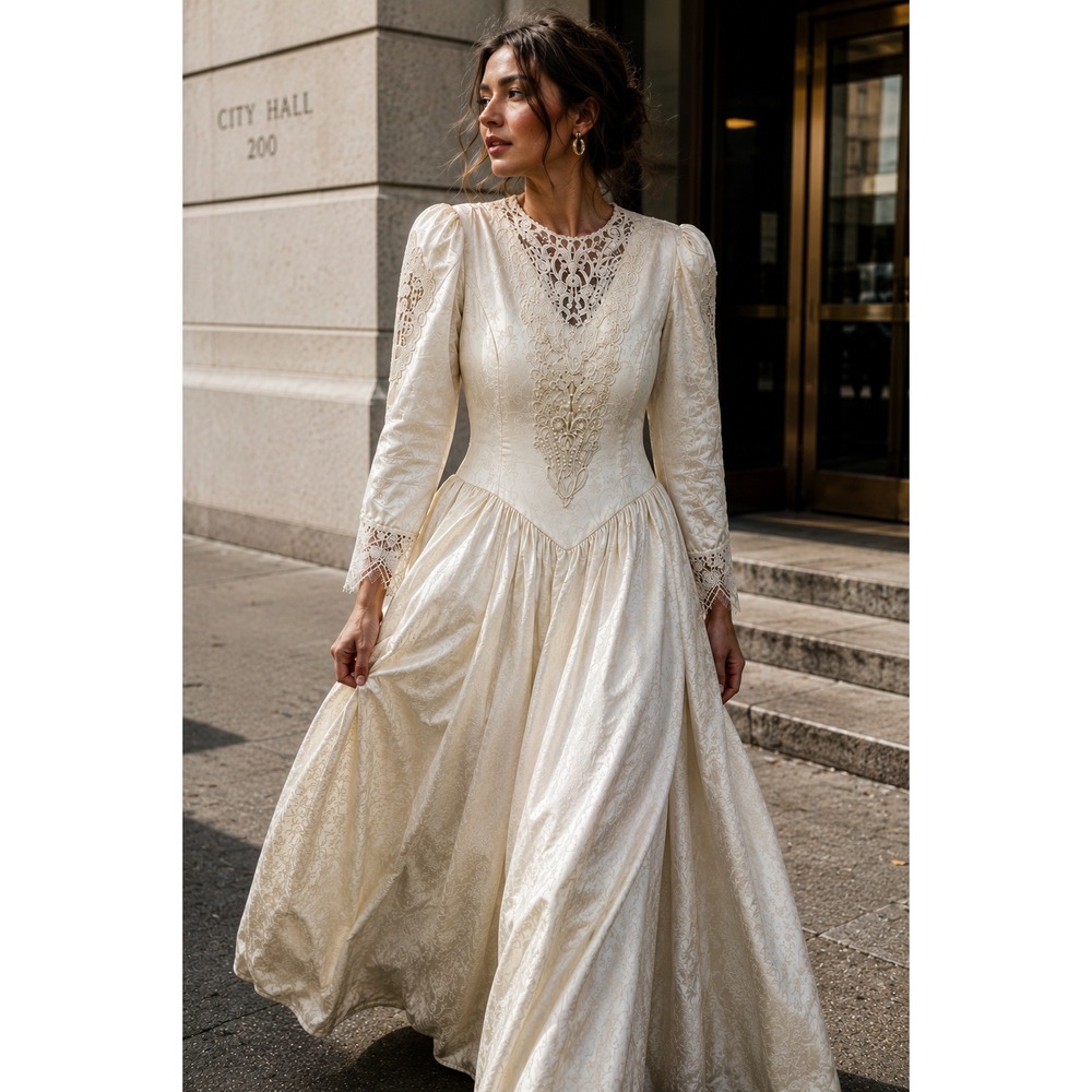 Vintage Jessica McClintock Bridal Gown 80s Basque Waist Lace Jacquard Ivory 16W